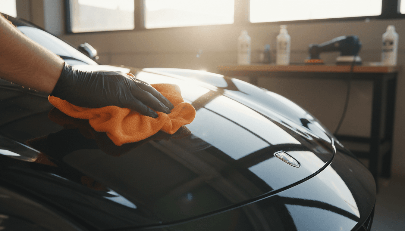 Professional detailer polishing a vehicle's hood with microfiber cloth, showcasing premium finishing work