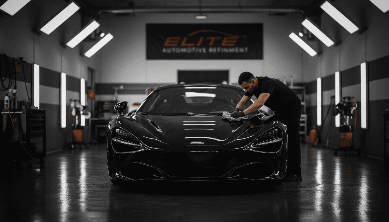 Premium car being detailed in professional workshop with spotlight lighting