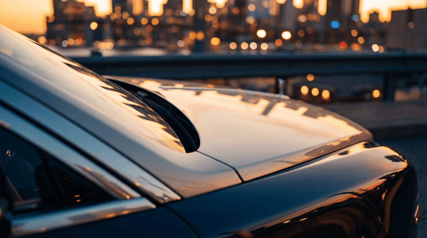 Pristine detailed vehicle under professional lighting in a modern automotive garage