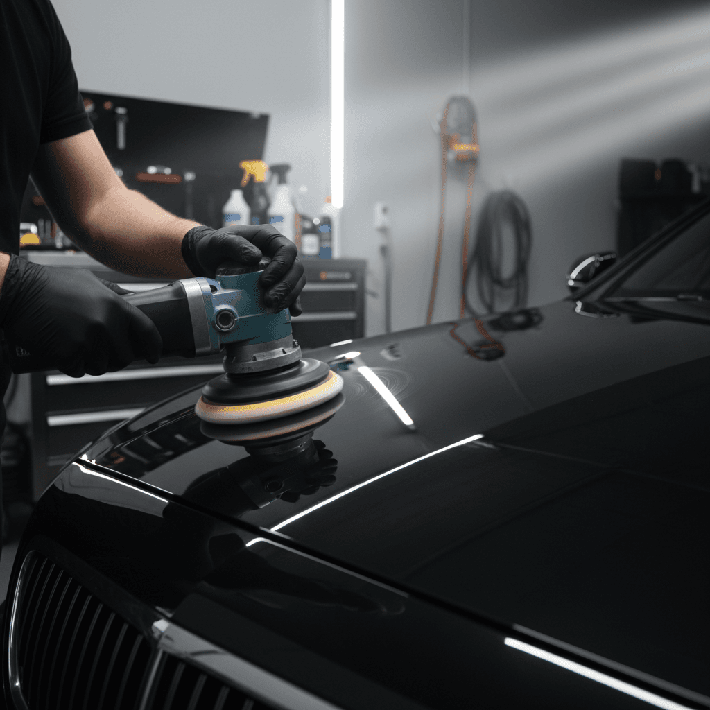 Professional car detailing and restoration in progress, showcasing premium automotive conditioning