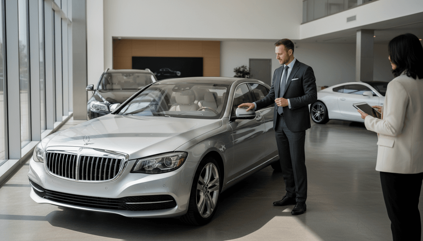 Automotive consultant explaining vehicle features and market positioning to client