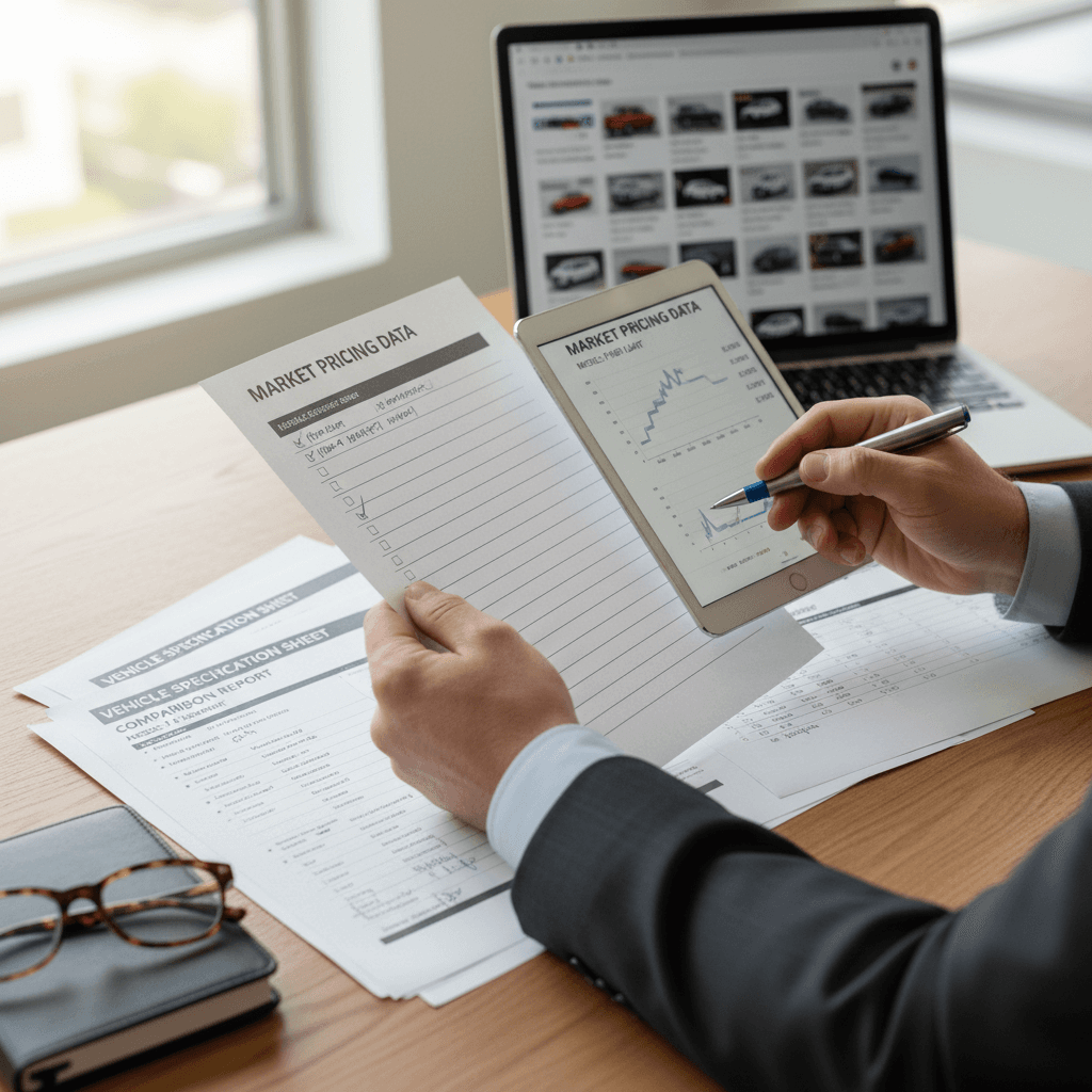 Automotive consultant reviewing trade-in value assessment with client